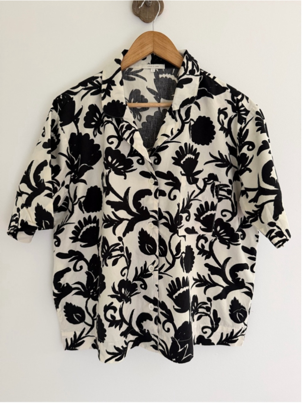 Love & Lore Black White Floral Camp Shirt Organic Cotton Coastal Grandma